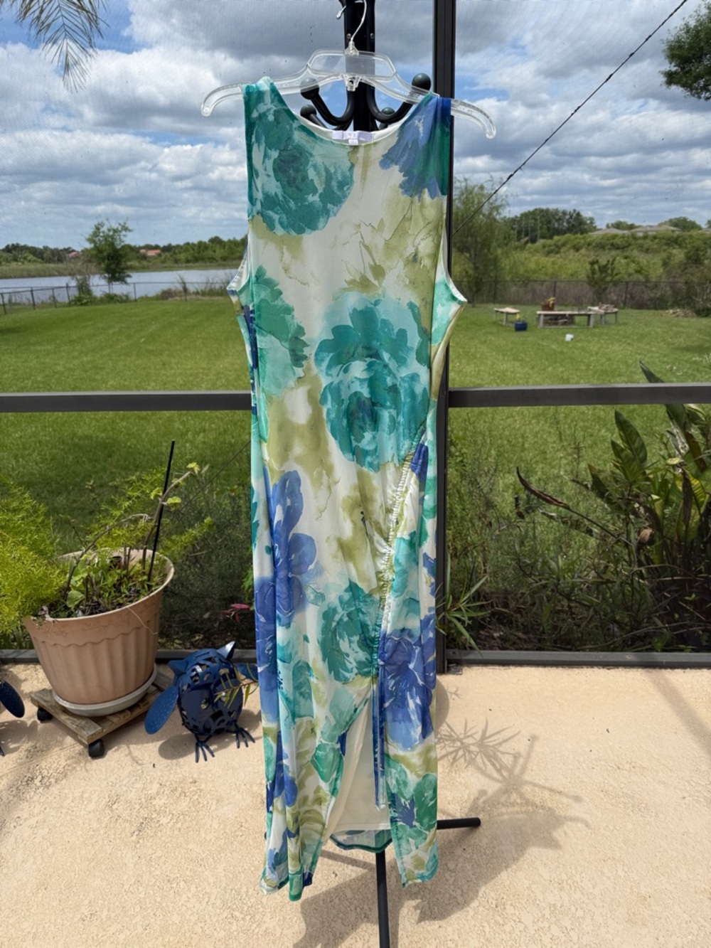 IRIS Teal, Blue & Green sleeveless Floral Maxi form fitted Dress with front slit
